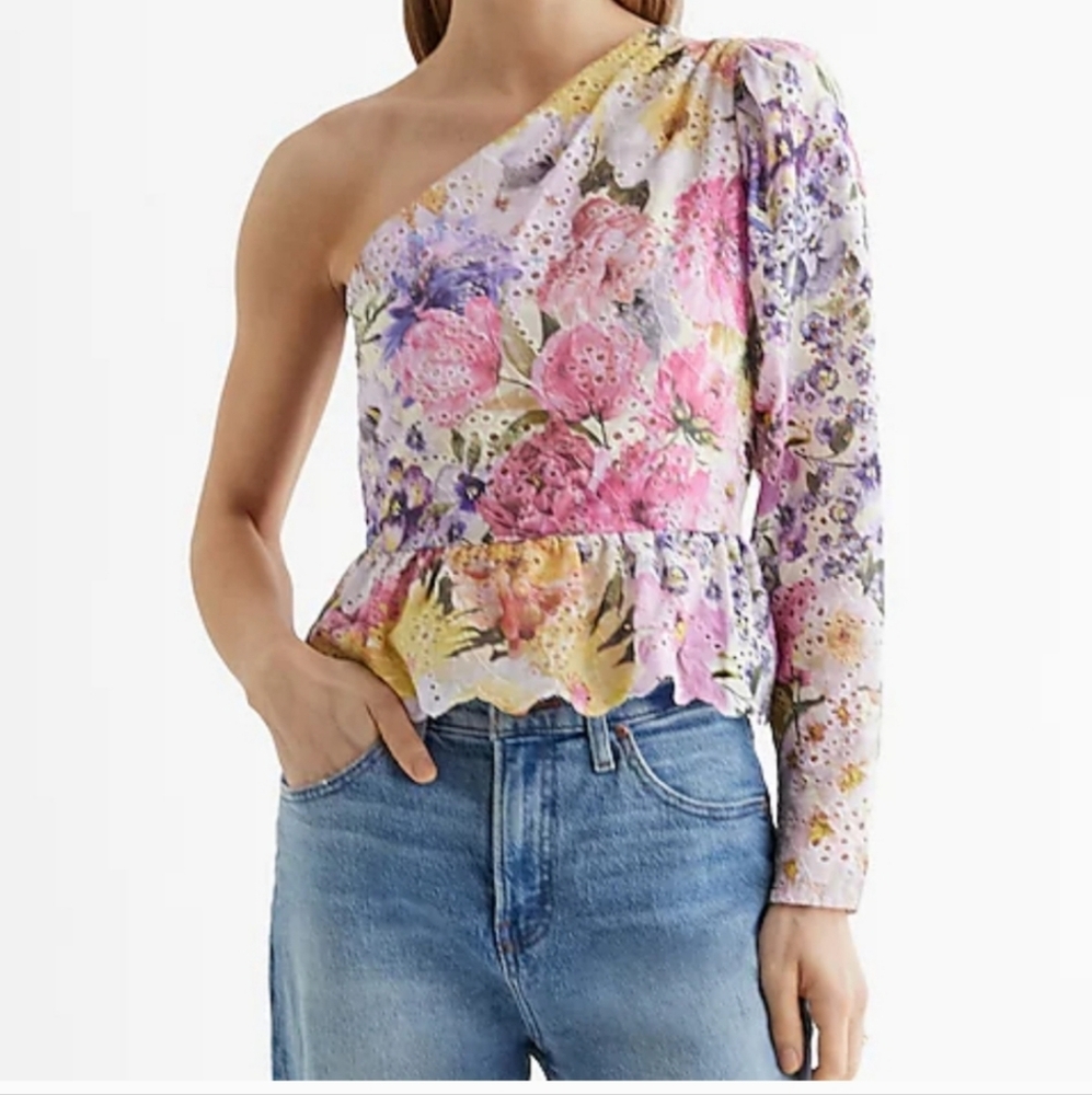 NEW Express Cotton Floral One Shoulder Peplum Top Yellow Pink Purple Small